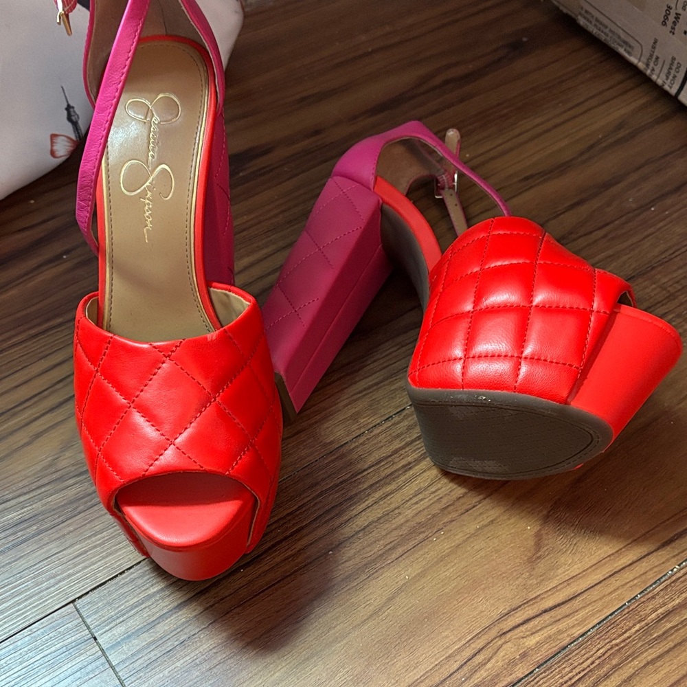 Jessica Simpson Red and Pink Quilted Platform Heels - Picture 2 of 3